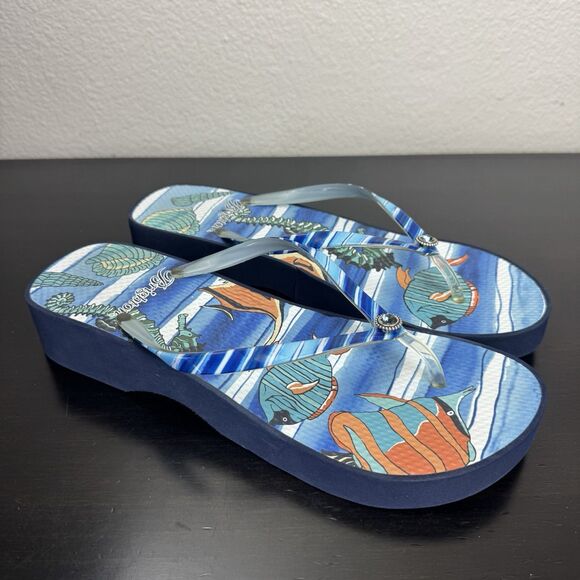Brighton Cove Scoop Platform Flip Flops Wedge Sandal Seahorse Fish Blue 10 - Picture 1 of 14